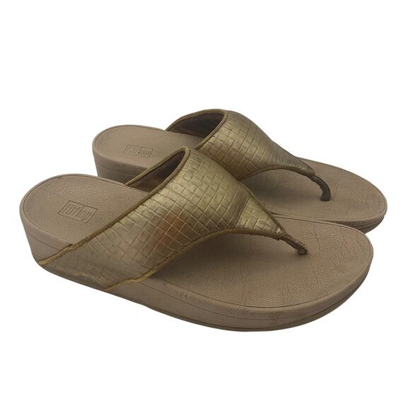 Fitflop Sz 6 Lulu Sleek Flip-Flop Thong Sandals Gold Metallic Wedge Comfort - Picture 1 of 15